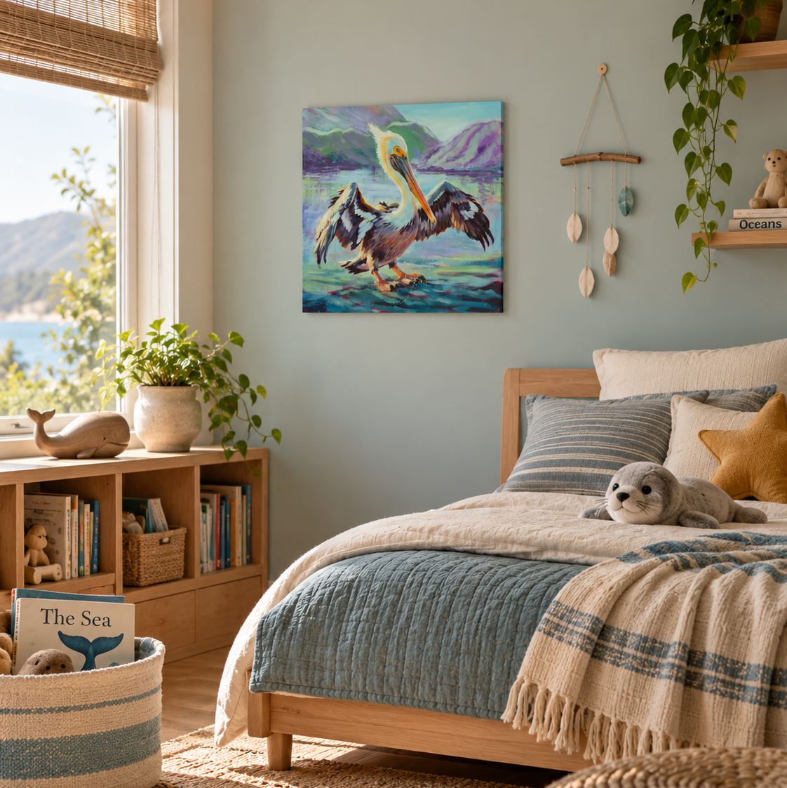 Colorful pelican art print in a coastal-inspired children’s bedroom with natural wood furniture, ocean-themed details, and soft blue and teal accents.