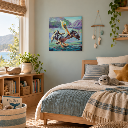 Colorful pelican art print in a coastal-inspired children’s bedroom with natural wood furniture, ocean-themed details, and soft blue and teal accents.