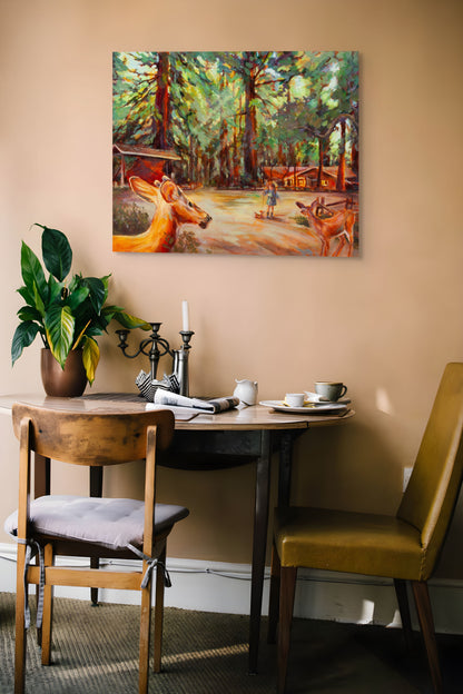 Painting Walking the Dog hanging on a brown wall above a wood table set for breakfast with two chairs, creating a warm, natural forest-inspired setting.