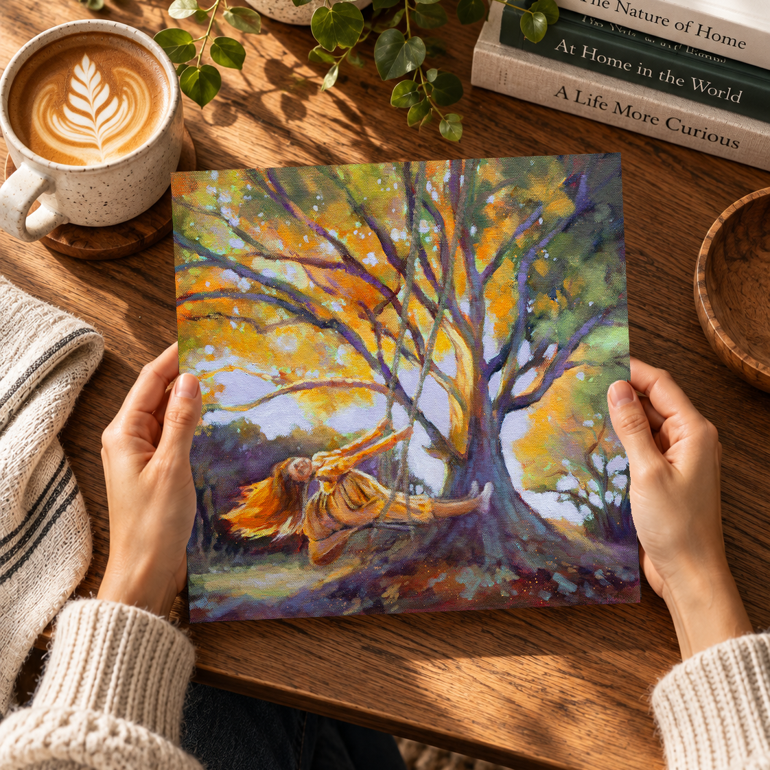 Two hands hold an art print of Weightless, showing a girl swinging beneath a colorful autumn tree. The print rests above a wooden table with a cup of coffee, books, and greenery.