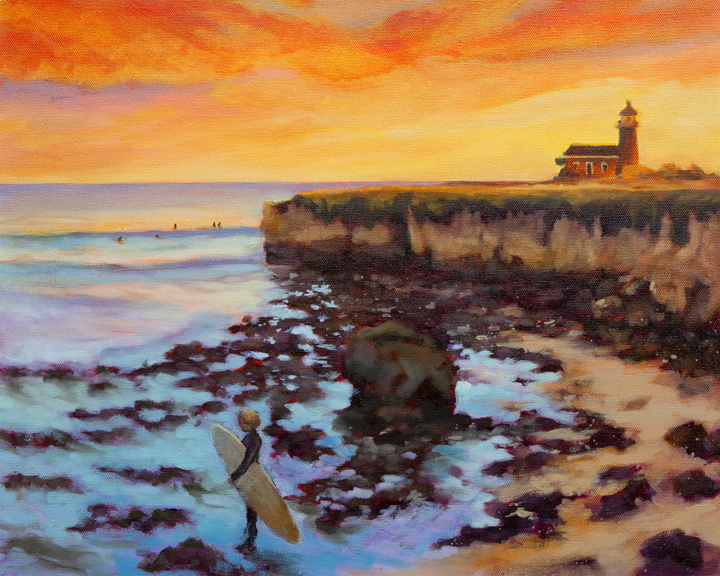 surfer entering ocean at Steamer Lane Santa Cruz near lighthouse at sunset, coastal California oil painting
