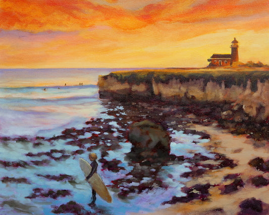 surfer entering ocean at Steamer Lane Santa Cruz near lighthouse at sunset, coastal California oil painting