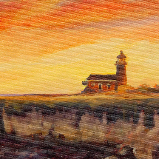 Santa Cruz lighthouse at Steamer Lane at sunset, warm coastal light, oil painting detail