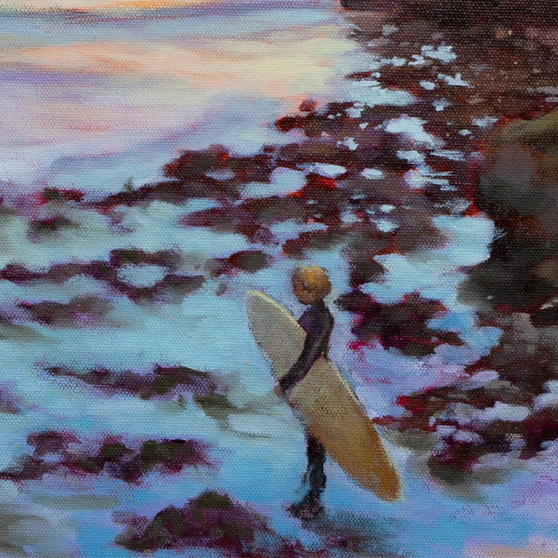 surfer holding board entering ocean at Steamer Lane Santa Cruz, coastal California, oil painting detail