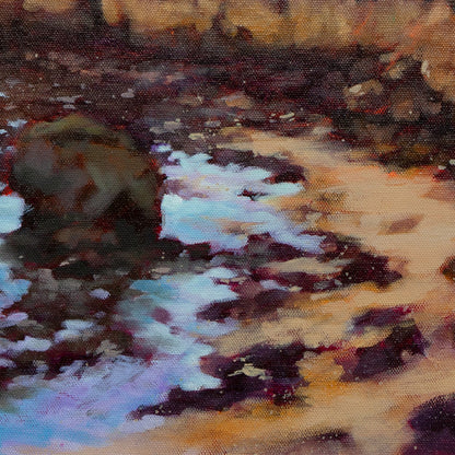 rocky shoreline with tide pools at Santa Cruz coast, warm sunset light, oil painting detail