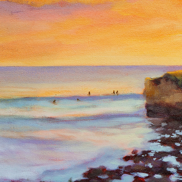 ocean waves with surfers in distance at Steamer Lane Santa Cruz, sunset coastal scene, oil painting detail