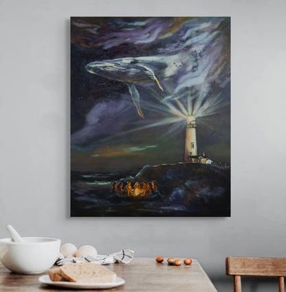 Painting When the Night Learnt to Dream hanging above a natural wood table with chair, white bowl, plate with bread, eggs in towel, and nuts.