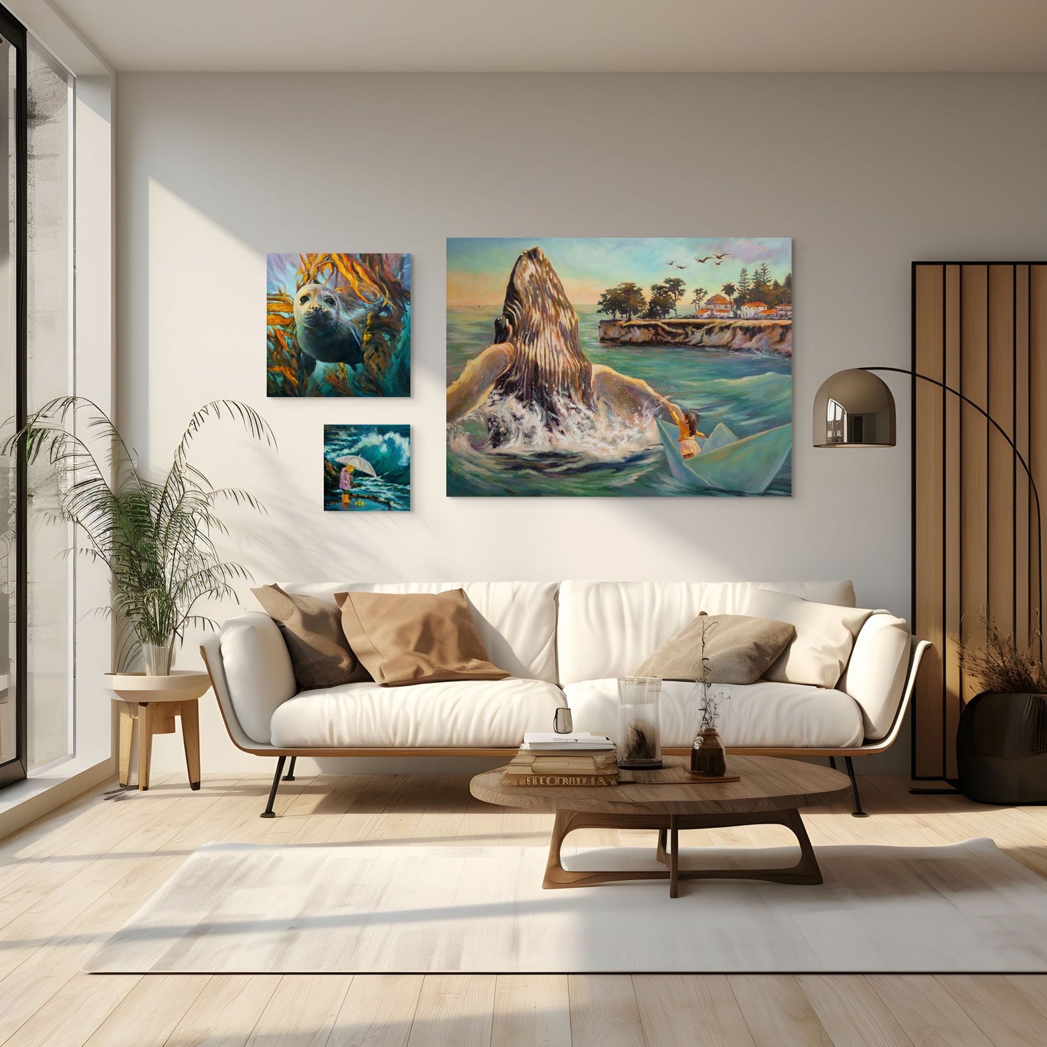 Curated display of original fine art paintings in a bright living room, featuring coastal wildlife and story-driven paintings by Martina Goulart, showing how original art brings warmth, presence, and meaning to a home.
