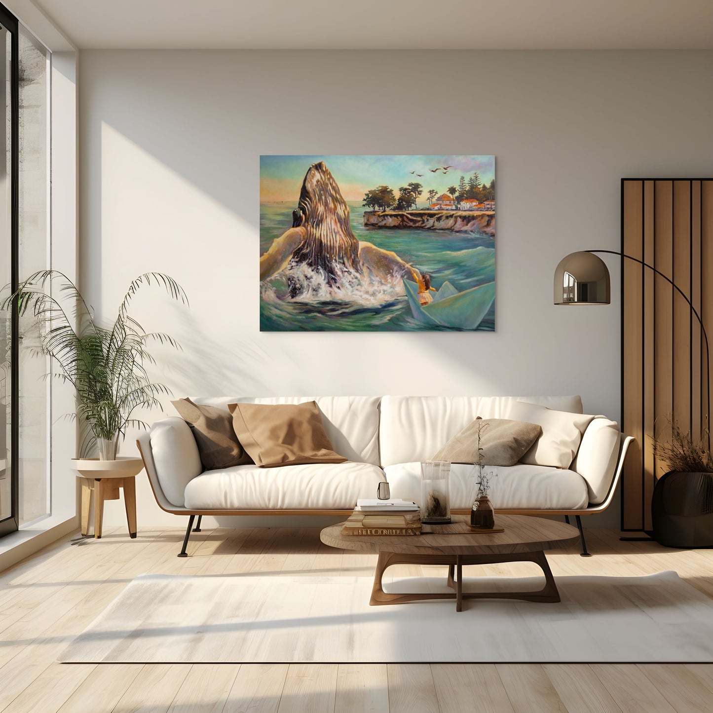 Bright modern living room with Within Reach displayed above a white sofa, featuring a girl reaching toward a breaching whale near the Santa Cruz cliffs