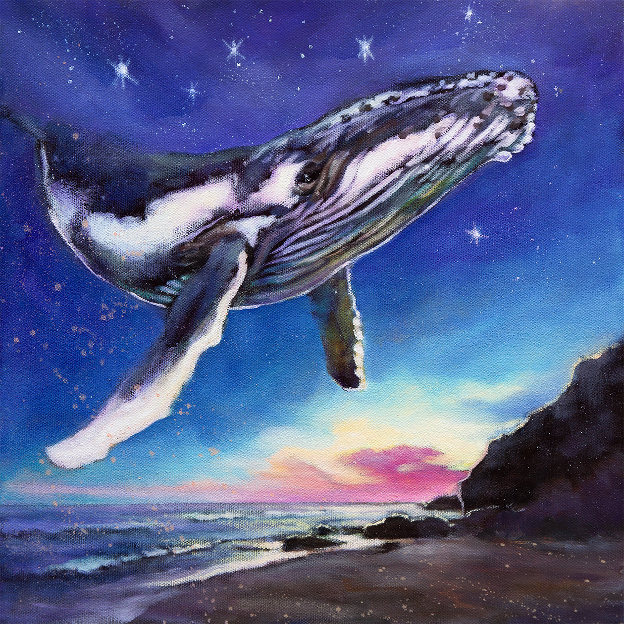 Dreamlike ocean fine art painting of a whale moving through a star-filled night sky above a quiet coastal shoreline, titled Beneath the Same Stars.