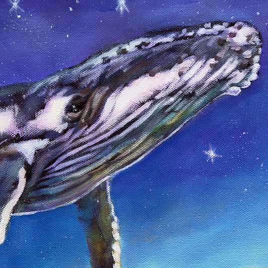 Close-up of a whale’s head drifting through a deep blue, star-filled night sky in the ocean fine art painting Beneath the Same Stars.