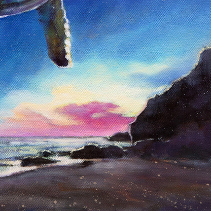 Close-up of a quiet beach and rocky coastline beneath a glowing dusk sky in the whale-inspired coastal painting Beneath the Same Stars.