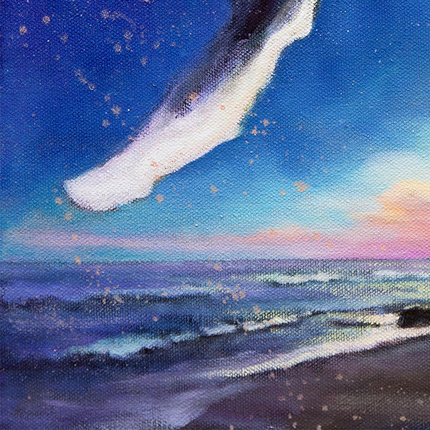 Close-up of a whale’s fin above a softly lit ocean horizon at twilight in the marine life painting Beneath the Same Stars.