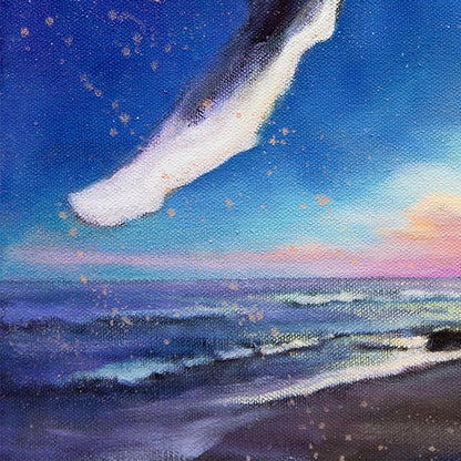 Close-up of a whale’s fin above a softly lit ocean horizon at twilight in the marine life painting Beneath the Same Stars.