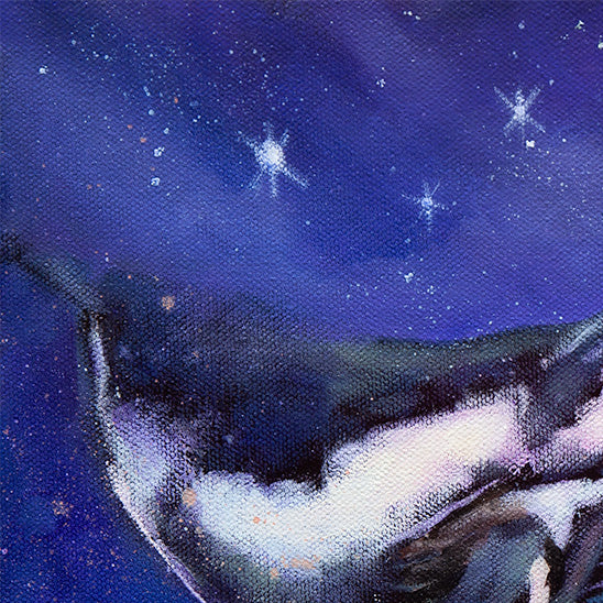 Close-up detail of a whale’s body moving through a starry night sky in the ocean-inspired fine art painting Beneath the Same Stars.