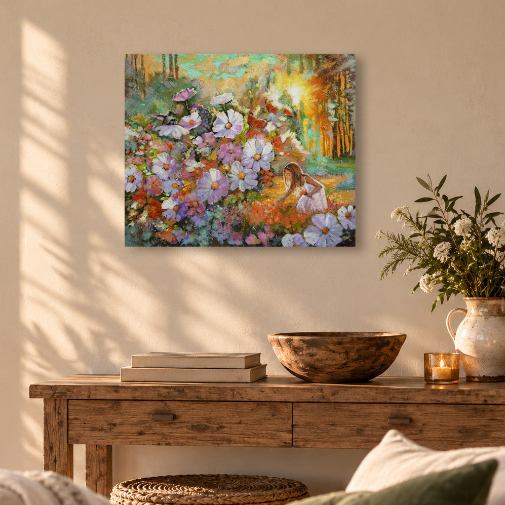 What We Tend Grows art print by Martina Goulart, featuring a young girl exploring a colorful garden of wildflowers in a sunlit forest, displayed in a warm, rustic living room.