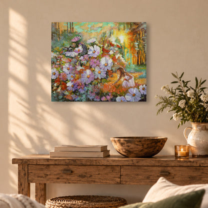 What We Tend Grows art print by Martina Goulart, featuring a young girl exploring a colorful garden of wildflowers in a sunlit forest, displayed in a warm, rustic living room.