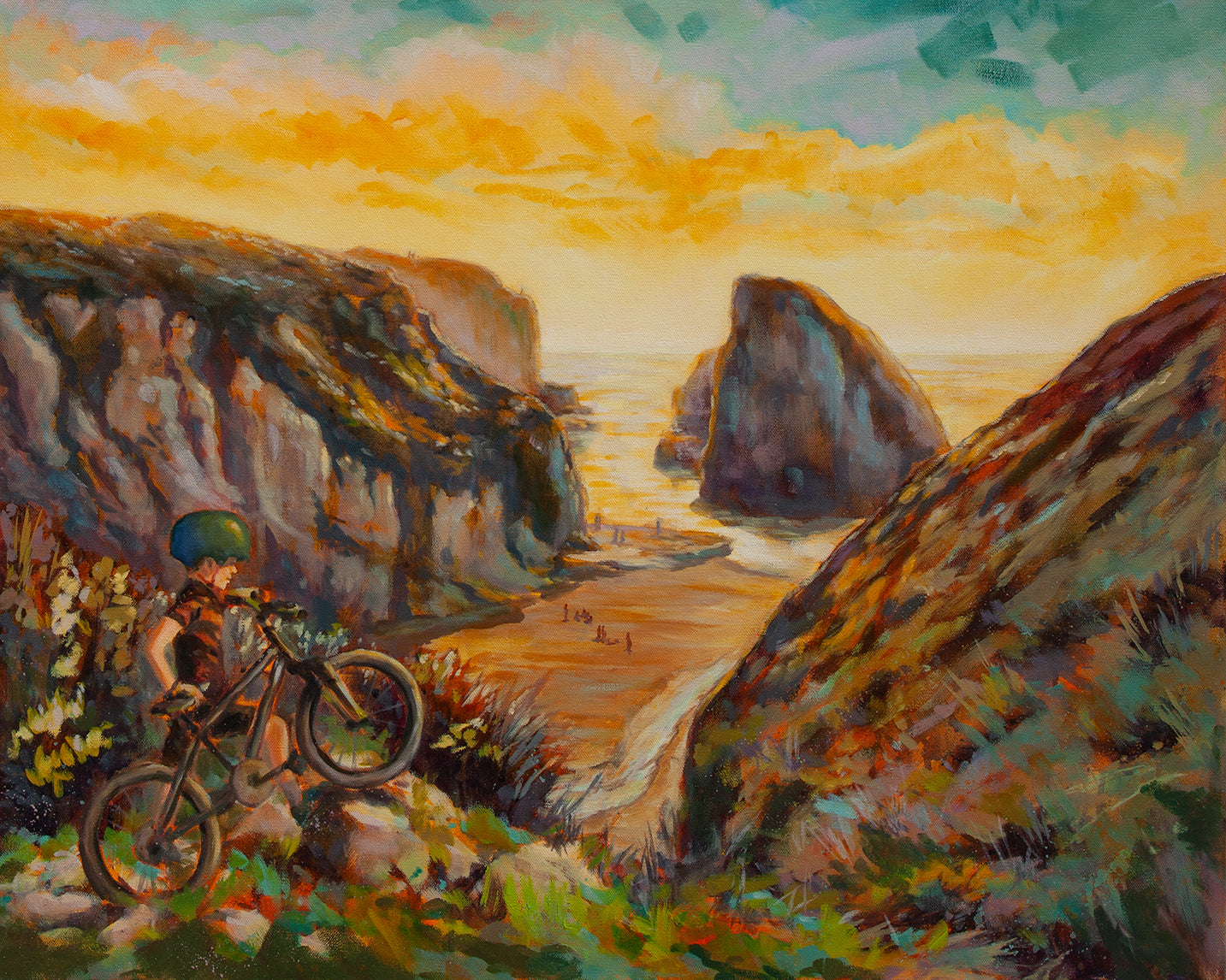 Original painting of a boy with a bike overlooking Shark Fin Cove near Santa Cruz, golden cliffs, blue-green water, and orange sky at sunset.