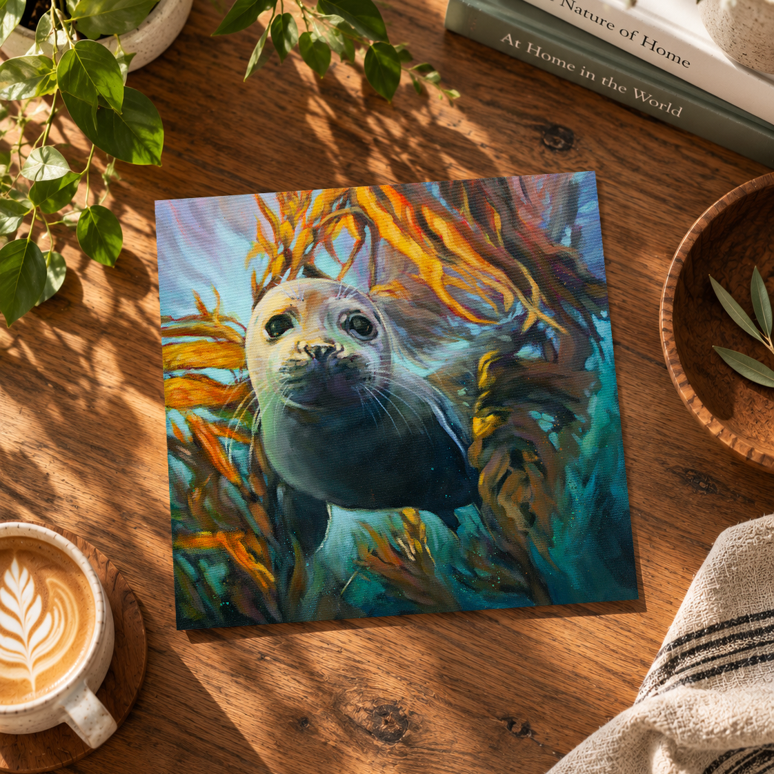 A square art print featuring a painted seal among golden seaweed, styled on a wooden table with a coffee cup, books, and plants around it.