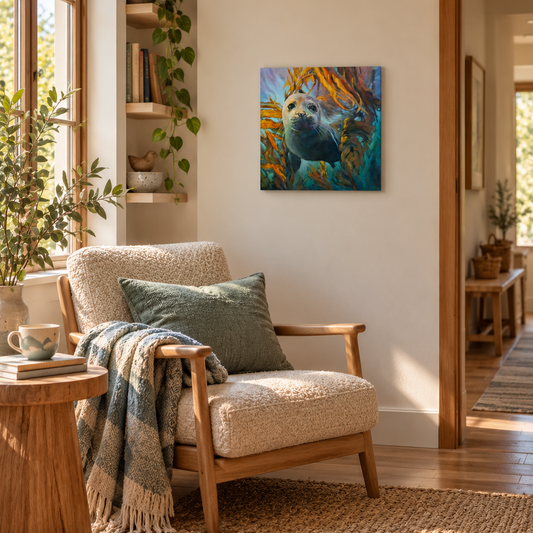 Colorful sea lion art print in a warm, nature-inspired reading nook with natural wood furniture, neutral textures, and soft blue-green accents.