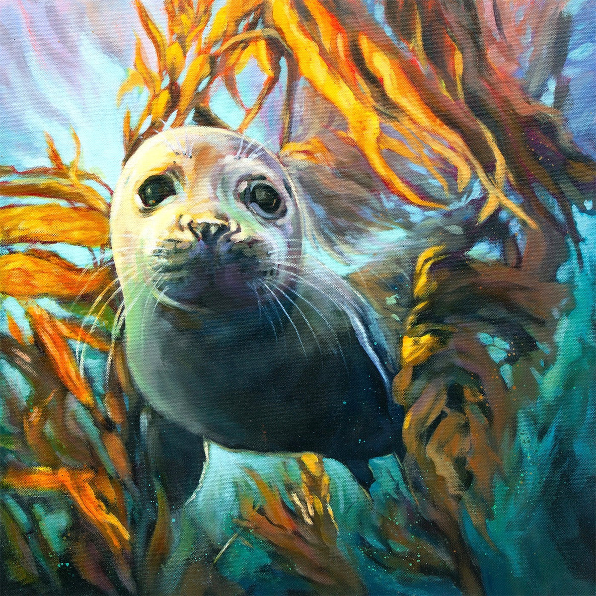 Oil painting of a young seal swimming through a vibrant kelp forest, surrounded by glowing orange and gold kelp leaves and soft teal underwater light.