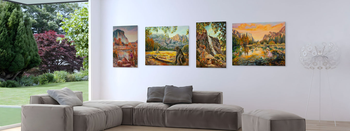 Modern living room with a sectional sofa and five landscape paintings from the Yosemite Series, original artworks by Martina Goulart.