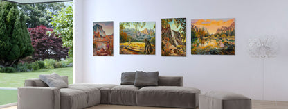 Modern living room with a sectional sofa and five landscape paintings from the Yosemite Series, original artworks by Martina Goulart.